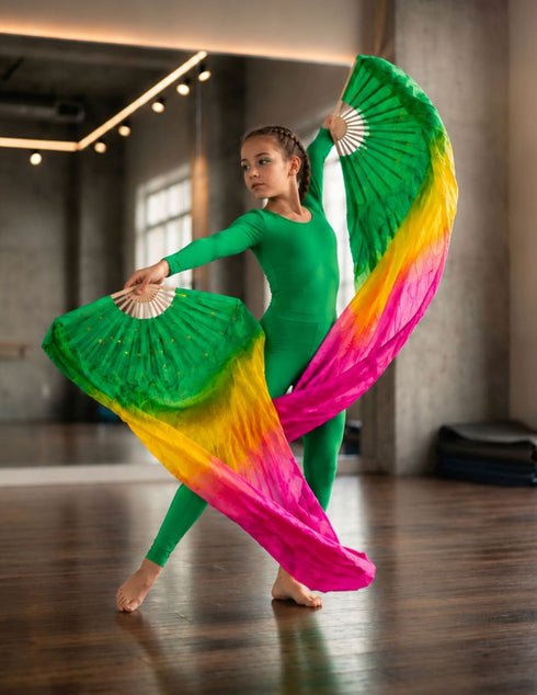 Japanese Silk Belly Dance Fan Veil | Single Bamboo Viel in Multi Shades with 2 Meter Flowing Cloth Attached to Fan for Great Dance Effect – Rainbow-Themed Group Performances, Annual Day