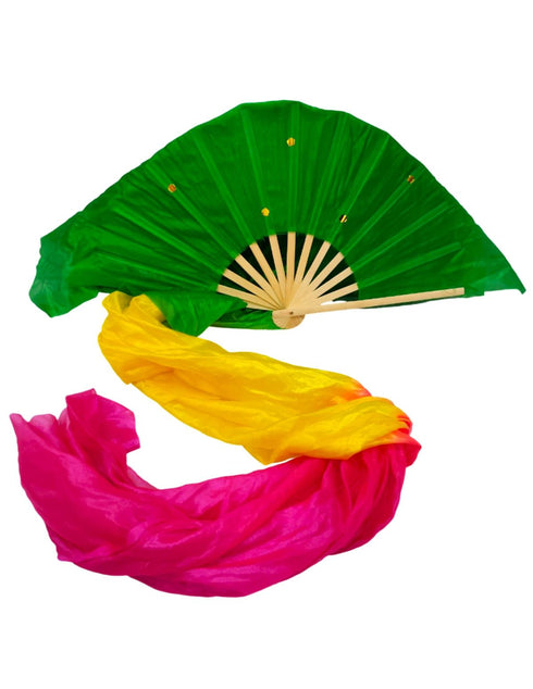 BookMyCostume Japanese Silk Belly Dance Fan Veil | Single Bamboo Viel in Multi Shades with 2 Meter Flowing Cloth Attached to Fan for Great Dance Effect – Rainbow-Themed Group Performances, Annual Day