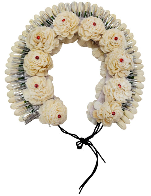 BookMyCostume Cream Tahia Traditional Gajra Costume Accessory for Odissi Dance – Kantara Dance Costume Accessory – Floral Head Ornament for Women & Girls | Handmade Hair Accessory for Classical Indian Performances