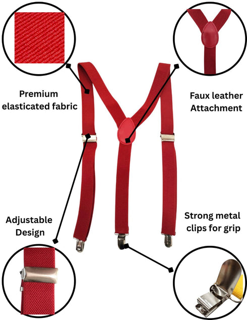 BookMyCostume Adjustable Elastic Y-Back Style Unisex Red Suspender for Adults – Fancy Dress Costume Accessory with Strong Metal Clips