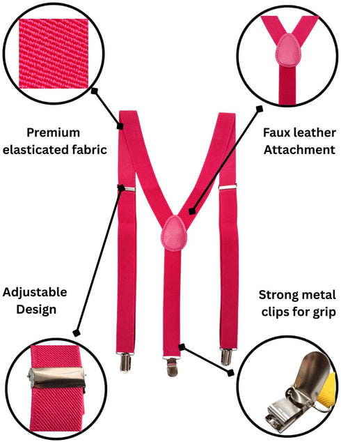 BookMyCostume Adjustable Elastic Y-Back Style Unisex Pink Suspender for Kids & Adults – Fancy Dress Costume Accessory with Strong Metal Clips