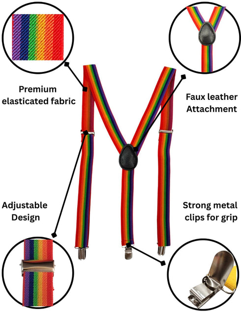 BookMyCostume Adjustable Elastic Y-Back Style Unisex Rainbow Suspender for Adults – Fancy Dress Costume Accessory with Strong Metal Clips
