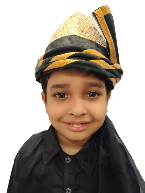 BookMyCostume Elegant Pathani Turban with Gold and Black Accents – Traditional Fancy Dress Costume Accessory for Kids & Adults