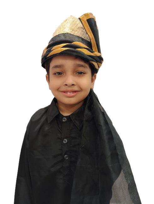 BookMyCostume Elegant Pathani Turban with Gold and Black Accents – Traditional Fancy Dress Costume Accessory for Kids & Adults