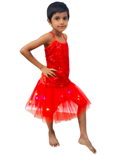 BookMyCostume Red LED Light Skirt with Matching Sequin Top for Girls (4–7 Years) – Multicolor Light-Up Tutu Dress Set with Built-in Battery | Fancy Dress & Dance Costume