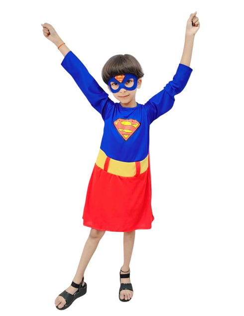 BookMyCostume Supreme Girl Red & Blue Character – Dress with Cape & Eye Mask | Superhero Kids Fancy Dress Outfit For Girls