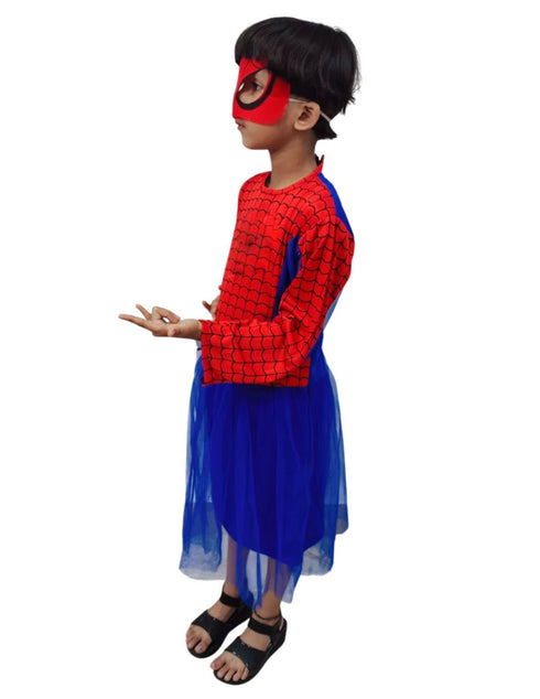 BookMyCostume Spider Web Hero Girl Costume Set – Red & Blue Frock with Net Sleeves | Superhero kids Fancy Dress Outfit For Girls