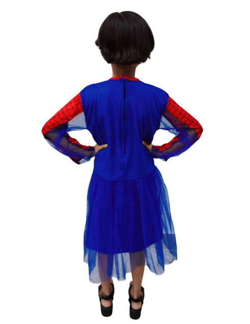 BookMyCostume Spider Web Hero Girl Costume Set – Red & Blue Frock with Net Sleeves | Superhero kids Fancy Dress Outfit For Girls