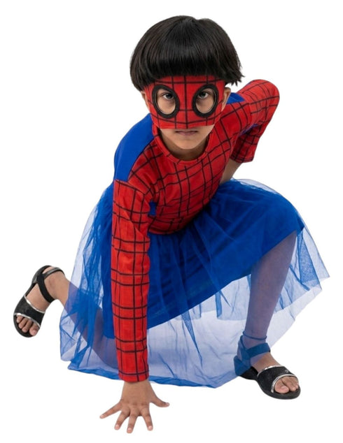 Spidre Web Hero Girl Costume Set – Red & Blue Frock with Net Sleeves | Superhero kids Fancy Dress Outfit For Girls