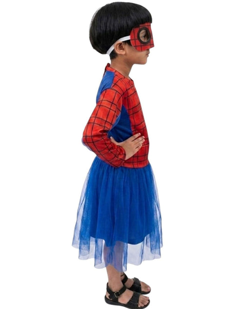 Spidre Web Hero Girl Costume Set – Red & Blue Frock with Net Sleeves | Superhero kids Fancy Dress Outfit For Girls