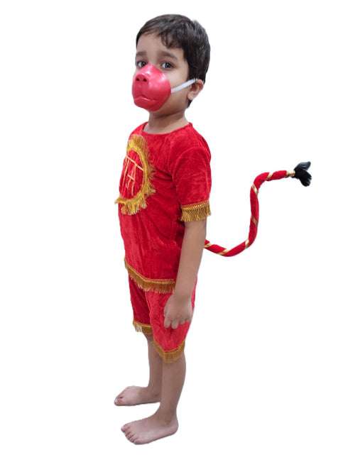 BookMyCostume Vanar Sena Costume for Kids – Red Top & Shorts with Hanuman Face Mask & Tail | Hanuman Getup for Kids Fancy Dress Outfit for Annual Functions & Mythological Themes