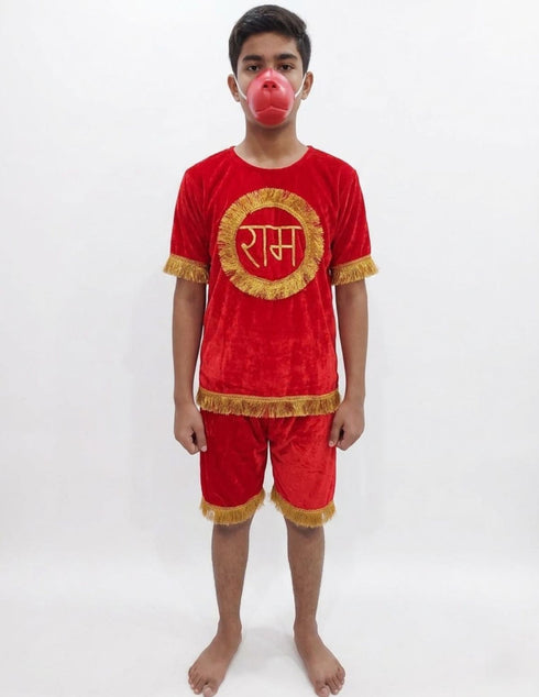 Vanar Sena Costume for Kids – Red Top & Shorts with Hanuman Face Mask & Tail | Hanuman Getup for Kids Fancy Dress Outfit for Annual Functions & Mythological Themes