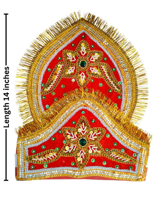 BookMyCostume Traditional Red Mukut for Adults – Adjustable Crown with Pearl Work & Velcro Closure | Ideal for Ramleela, Goddess Costume & Fancy Dress Events