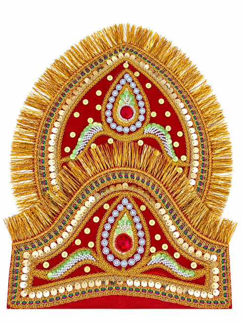 Traditional Red Mukut for Adults – Adjustable Crown with Pearl Work & Velcro Closure | Ideal for Ramleela, Goddess Costume & Fancy Dress Events