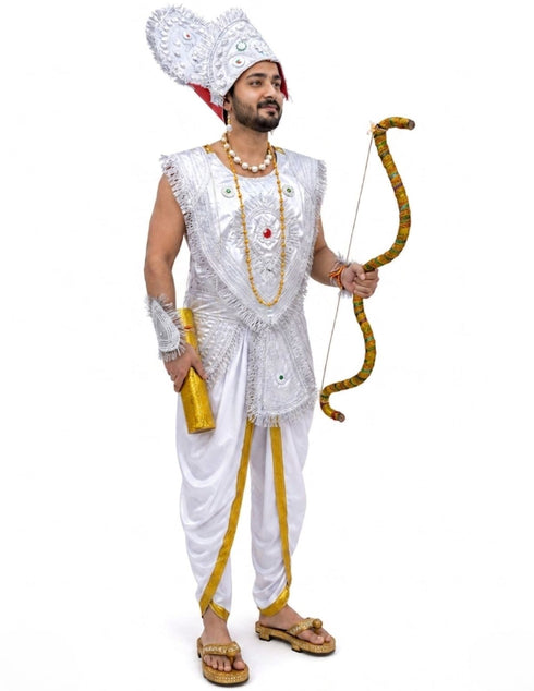 Mahabharat Warrior Costume for Kids – Arjun / Bhishma Pitamah Look with Silver Chest Armor & Accessory Set | Indian Mythological Fancy Dress for School & Cultural Events