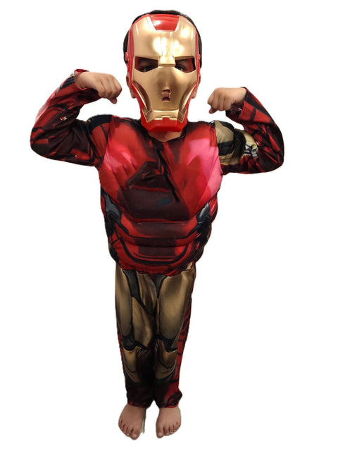 2 Pc Red and Yellow Muscle-Look Superhero Costume with Padded Chest, Arms & Plastic Face Mask | Sublimation Printed Fancy Dress Outfit | Birthday Party Prop