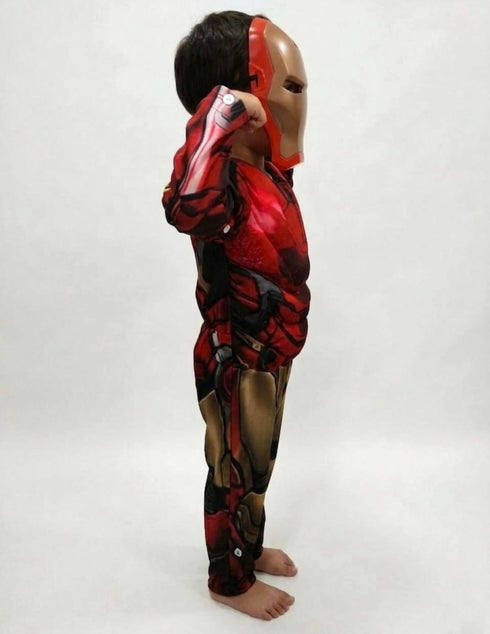 2 Pc Red and Yellow Muscle-Look Superhero Costume with Padded Chest, Arms & Plastic Face Mask | Sublimation Printed Fancy Dress Outfit | Birthday Party Prop