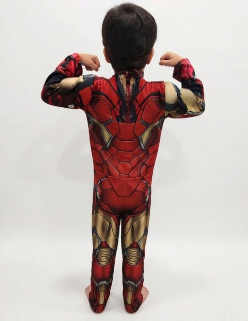 2 Pc Red and Yellow Muscle-Look Superhero Costume with Padded Chest, Arms & Plastic Face Mask | Sublimation Printed Fancy Dress Outfit | Birthday Party Prop