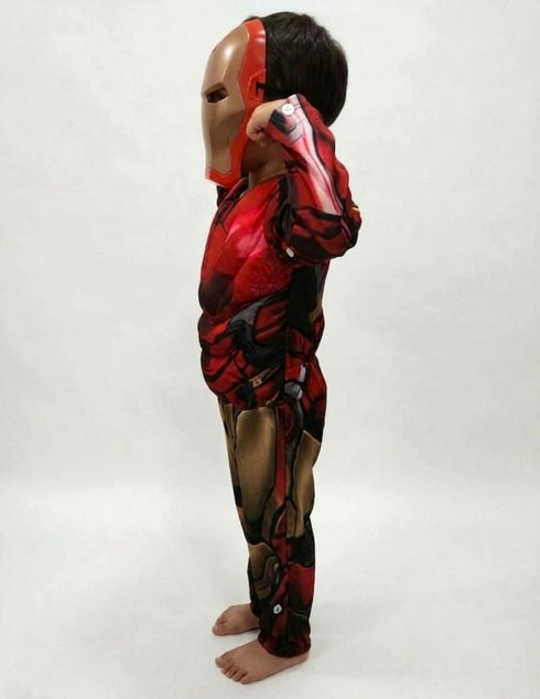 2 Pc Red and Yellow Muscle-Look Superhero Costume with Padded Chest, Arms & Plastic Face Mask | Sublimation Printed Fancy Dress Outfit | Birthday Party Prop