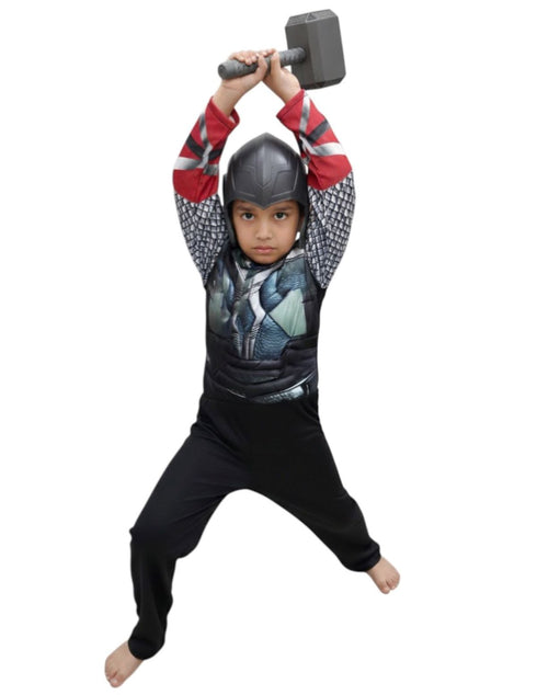 3 Pc Grey Thunder God Muscle-Look Superhero Costume with Padded Chest, Arms, Hammer & Plastic Face Mask | Sublimation Printed Fancy Dress Outfit | Birthday Celebration Costume