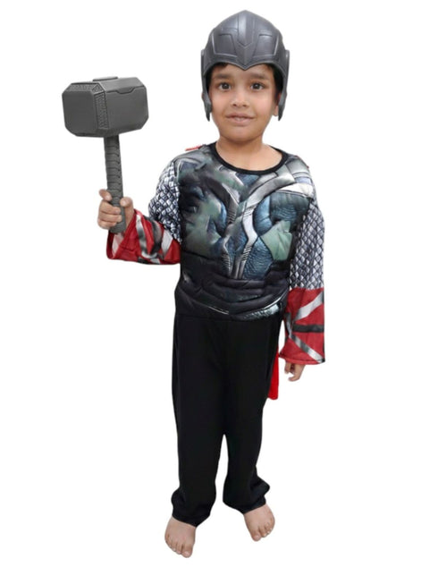3 Pc Grey Thunder God Muscle-Look Superhero Costume with Padded Chest, Arms, Hammer & Plastic Face Mask | Sublimation Printed Fancy Dress Outfit | Birthday Celebration Costume
