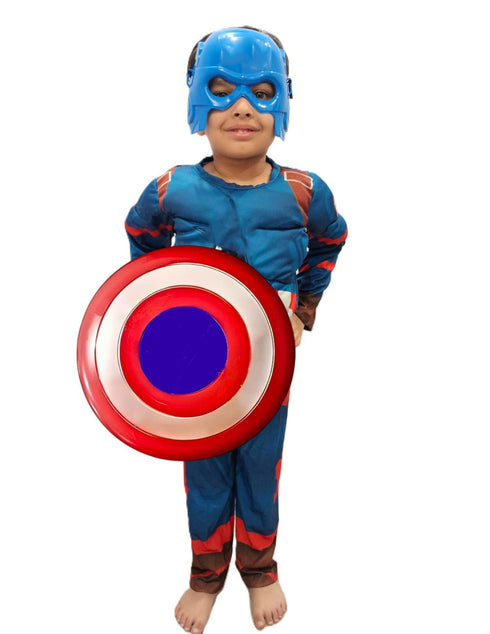 BookMyCostume 3 Pc American Shield Hero Muscle-Look Superhero Costume with Padded Chest, Arms, Plastic Face Mask & plastic Shield | Sublimation Printed Fancy Dress Outfit | Birthday Party Prop | 3-4 Years
