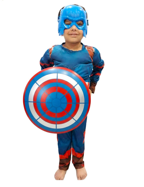3 Pc American Shield Hero Muscle-Look Superhero Costume with Padded Chest, Arms, Plastic Face Mask & plastic Shield | Sublimation Printed Fancy Dress Outfit | Birthday Party Prop