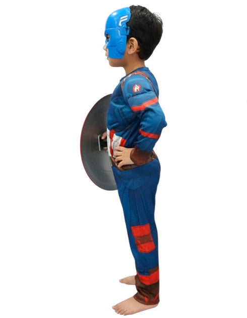 3 Pc American Shield Hero Muscle-Look Superhero Costume with Padded Chest, Arms, Plastic Face Mask & plastic Shield | Sublimation Printed Fancy Dress Outfit | Birthday Party Prop
