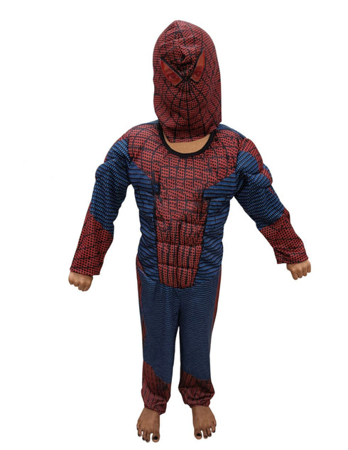 BookMyCostume 2 Pc Red Blue Web Hero Muscle-Look Superhero Costume with Padded Chest, Arms & Cloth Mask | Sublimation Printed Fancy Dress Outfit | Birthday Celebration Costume