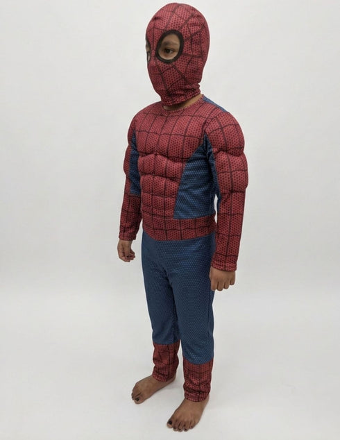 2 Pc Red Blue Web Hero Muscle-Look Superhero Costume with Padded Chest, Arms & Cloth Mask | Sublimation Printed Fancy Dress Outfit | Birthday Celebration Costume