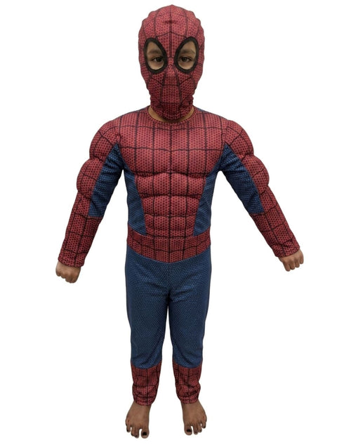 2 Pc Red Blue Web Hero Muscle-Look Superhero Costume with Padded Chest, Arms & Cloth Mask | Sublimation Printed Fancy Dress Outfit | Birthday Celebration Costume