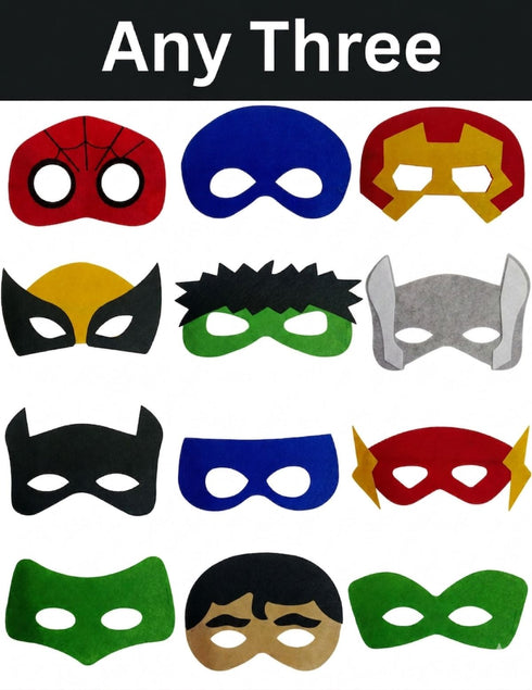 Pack of 3 Assorted Superhero Felt Eye Masks for Kids | Dress-Up Party Props with Elastic Strap | Fancy Dress, Birthday & Halloween Theme Decoration