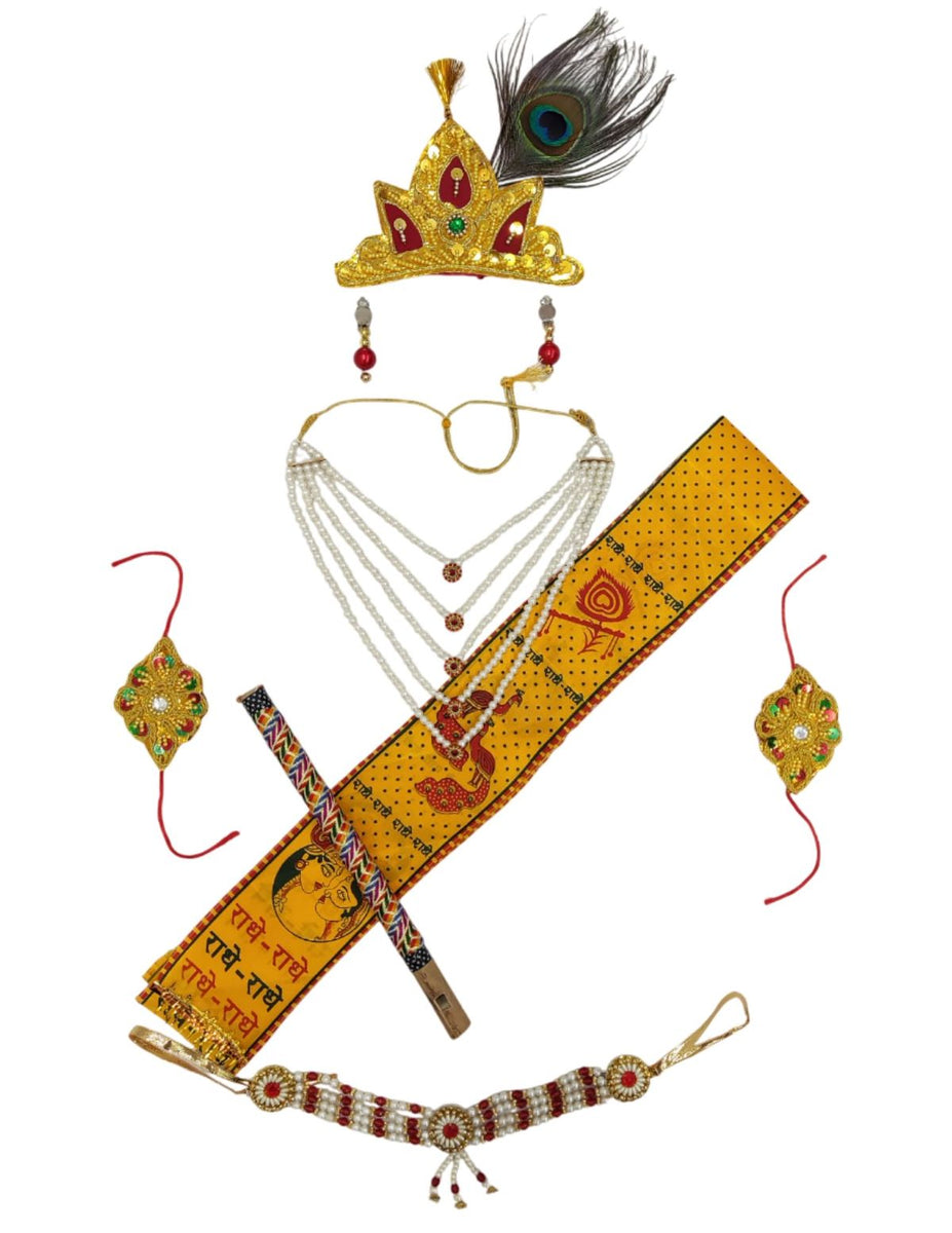 BookMyCostume Krishna Jewellery for Kids 8-Pcs Complete Janmashtami  Photoshoot Props Krishna Dress for Kids Jewellery Accessory for Krishna 