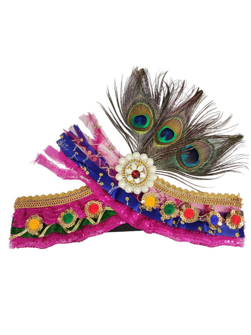 BookMyCostume Traditional Krishna Pagdi for Kids & Adults – Handmade Crown with Peacock Feather & Embellishments | Krishna Mukut for Baby Boy | Adjustable Velcro | Janmashtami Fancy Dress Accessory