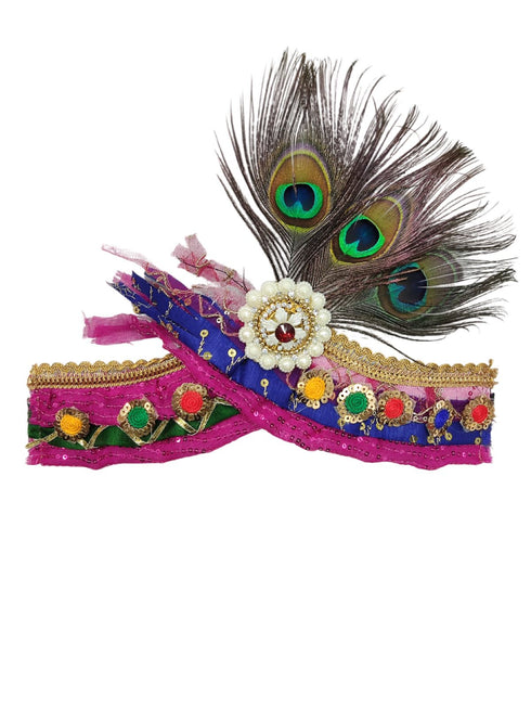 BookMyCostume Traditional Krishna Pagdi for Kids & Adults – Handmade Crown with Peacock Feather & Embellishments | Krishna Mukut for Baby Boy | Adjustable Velcro | Janmashtami Fancy Dress Accessory
