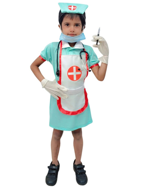 BookMyCostume Community Helper Nurse Sister Fancy Dress Costume For Girls | Complete Set with Frock, Apron, Cap, Stethoscope & Syringe – Perfect for Role Play & Kids Fancy Dress