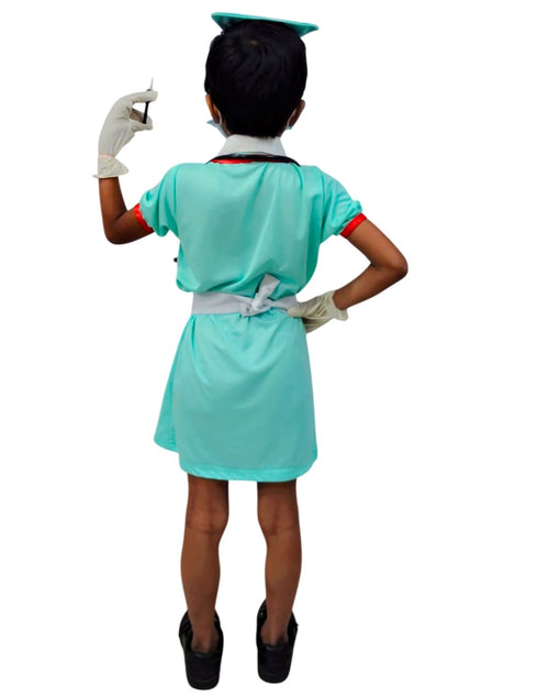 BookMyCostume Community Helper Nurse Sister Fancy Dress Costume For Girls | Complete Set with Frock, Apron, Cap, Stethoscope & Syringe – Perfect for Role Play & Kids Fancy Dress