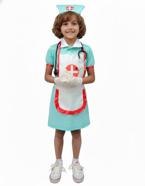 BookMyCostume Community Helper Nurse Sister Fancy Dress Costume For Girls | Complete Set with Frock, Apron, Cap, Stethoscope & Syringe – Perfect for Role Play & Kids Fancy Dress
