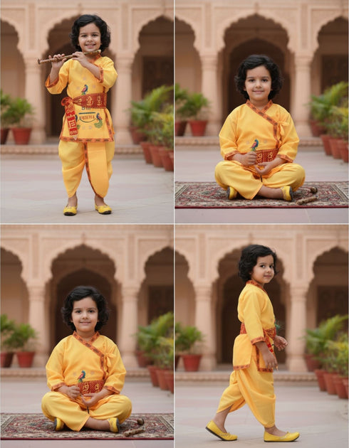 Shri Krishna Dress for Baby Boy | Print Krishna Costume for Kids with Patka | Janmashtami Photoshoot Outfit | Kanha Dress for Baby Boy | Fancy Dress Costumes for Kids