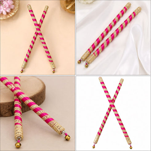 Premium Decorative Wooden Dandiya Sticks | Pink & Golden Glitter Striped | Navratri Dance & Cultural Events (Set of 1 Pair 2 Dandiya Sticks ) | Fancy Dress Accessory for Kids & Adults