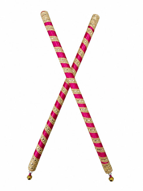 Premium Decorative Wooden Dandiya Sticks | Pink & Golden Glitter Striped | Navratri Dance & Cultural Events (Set of 1 Pair 2 Dandiya Sticks ) | Fancy Dress Accessory for Kids & Adults