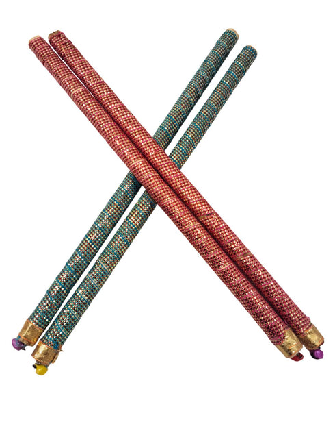 BookMyCostume Decorative Wooden Dandiya Sticks Pack of 2 (4 Sticks) | Pink & Green with Golden Work | Traditional Garba Dance Sticks for Navratri & Dandiya Raas | Fancy Dress Accessory for Kids & Adults