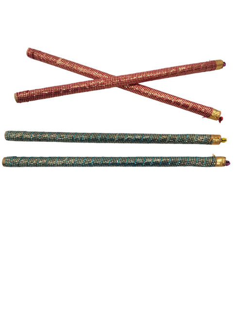 BookMyCostume Decorative Wooden Dandiya Sticks Pack of 2 (4 Sticks) | Pink & Green with Golden Work | Traditional Garba Dance Sticks for Navratri & Dandiya Raas | Fancy Dress Accessory for Kids & Adults