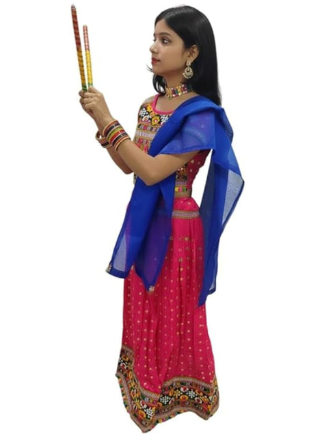 Readymade Pink Ethnic Cotton Garba Lehenga for Kids & Adults | Lehenga Choli Set with Dupatta & a Pair of Dandiya Sticks | Traditional Navratri Outfit for Garba Nights & Festivals