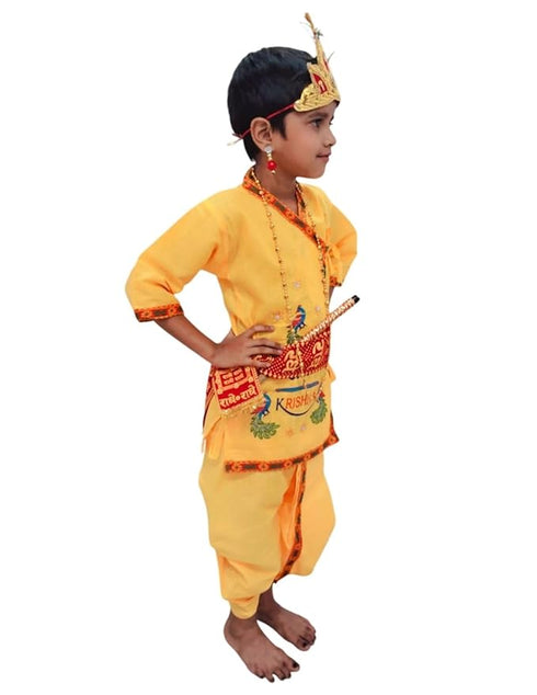 BookMyCostume Krishna Dress for Baby Boy | Print Shri Krishna Costume for Kids with Patka, Flute, Mukut & Mala | Janmashtami Photoshoot Outfit | Fancy Dress RolePlay Costume for Kids