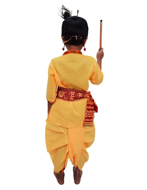 BookMyCostume Krishna Dress for Baby Boy | Print Shri Krishna Costume for Kids with Patka, Flute, Mukut & Mala | Janmashtami Photoshoot Outfit | Fancy Dress RolePlay Costume for Kids