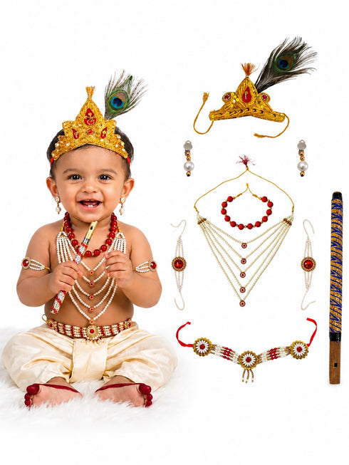 Heavy Pearl Krishna Jewellery Set for Kids/Janmashtami Accessory for Kids/Infant Bal Gopal/Kanha Bal Krishna Mukut Jewelry Set 0-8 Years