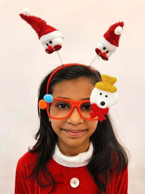 BookMyCostume Christmas Accessory Combo for Girls- Christmas Snowman Santa Eye Glasses and Christmas Bouncing Snowman Headband for Girls