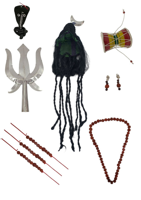 BookMyCostume Shiva Accessories for kids | Complete Shankar Bhagwan Jewellery Set - Trishul, Damru, Rudraksha, Sarp, Chand & Wig for Shivratri and Fancy Dress Costume Accessory