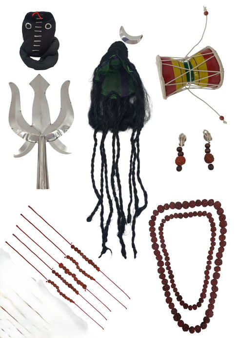 BookMyCostume Shiva Accessories for Men | Complete Shankar Bhagwan Jewellery Set - Trishul, Damru, Rudraksha, Sarp, Chand & Wig for Shivratri and Fancy Dress Costume Accessory